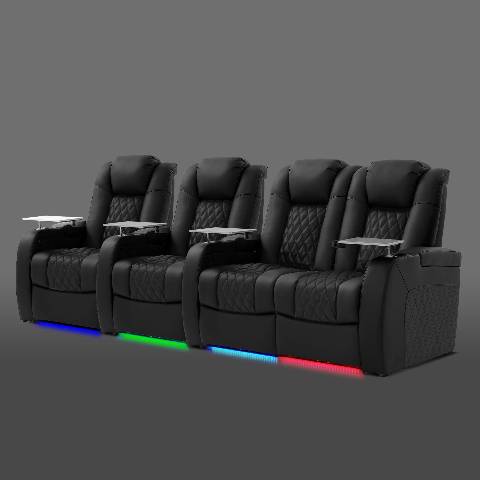 Black four seat layout with two chairs connected on the right and two separate chairs