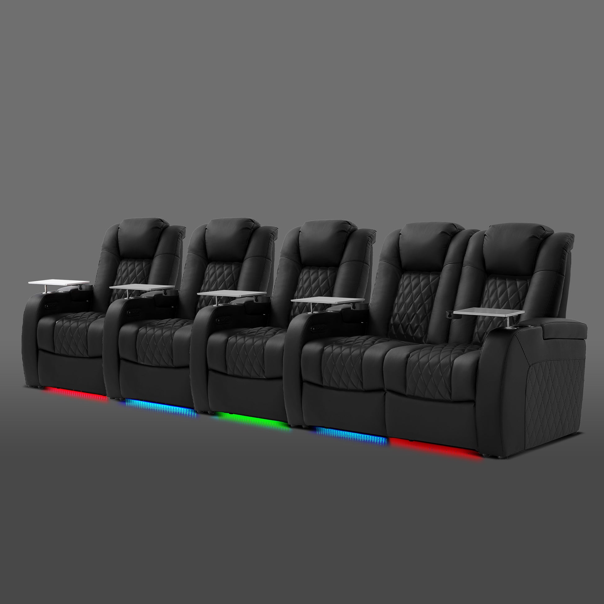 Black five seat layout with two connected chairs on the right and three separate chairs