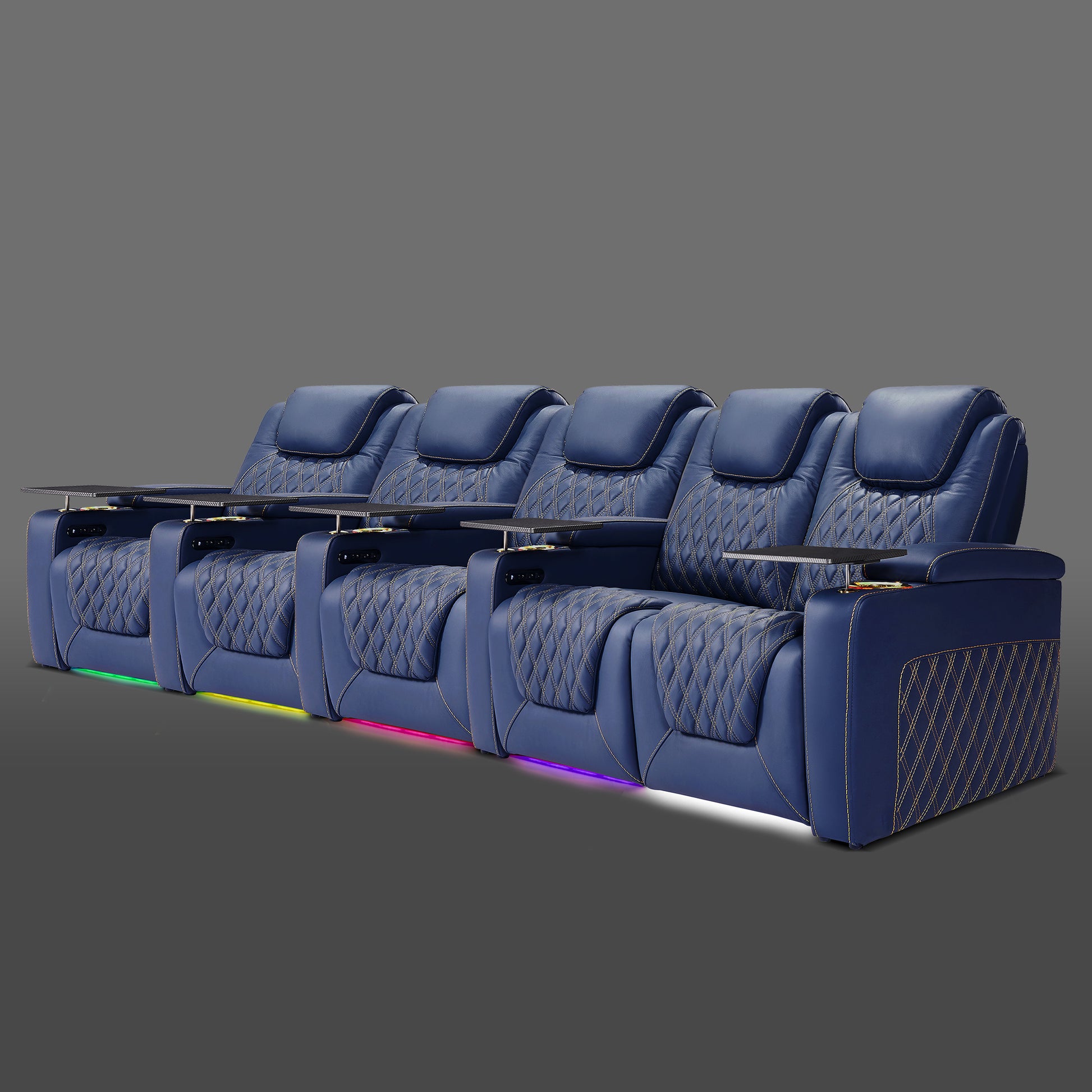 Blue five chair arrangement ending with a linked pair following three individual chairs