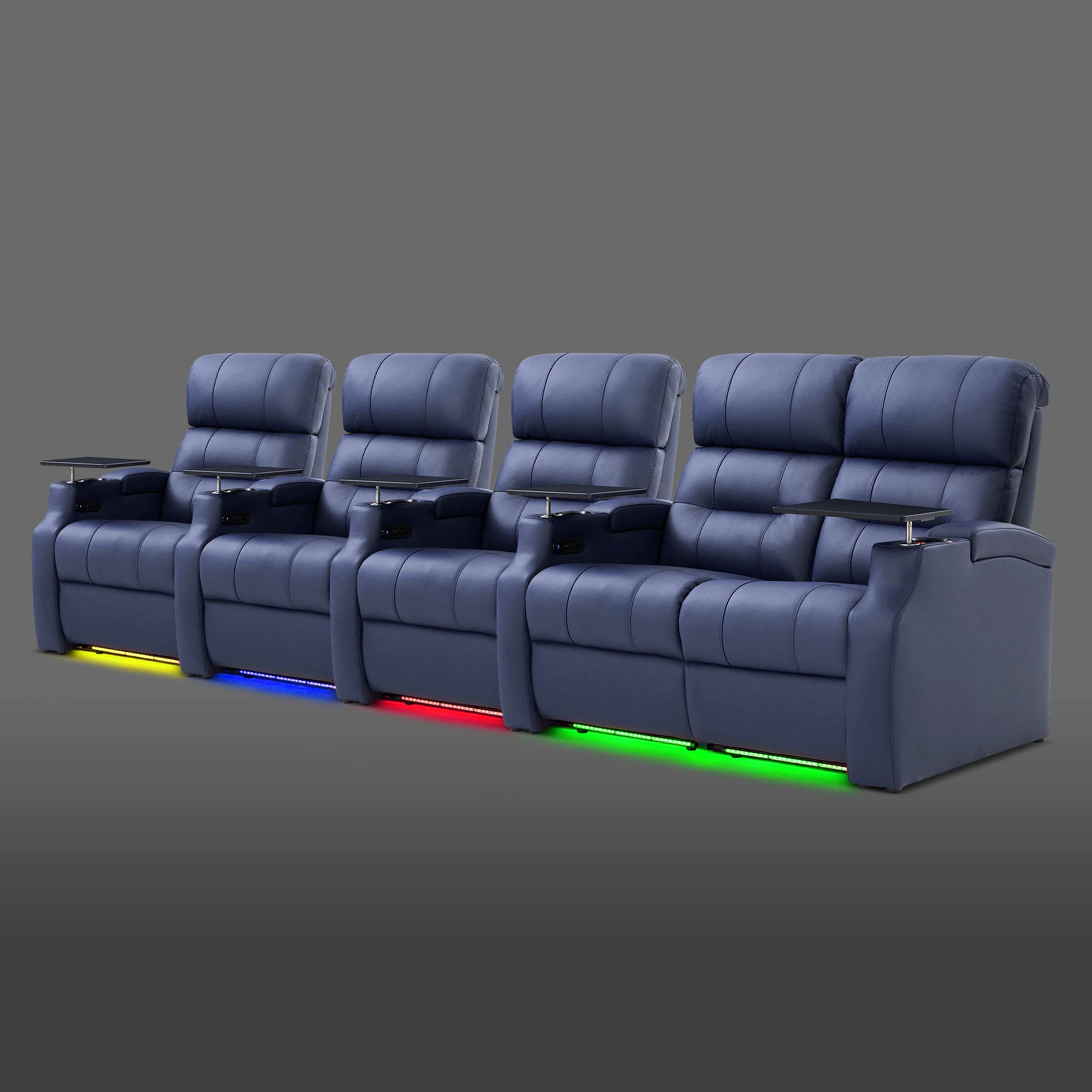 Edgex Series blue five-seat cinema couch featuring three single chairs and a dual recliner on the right