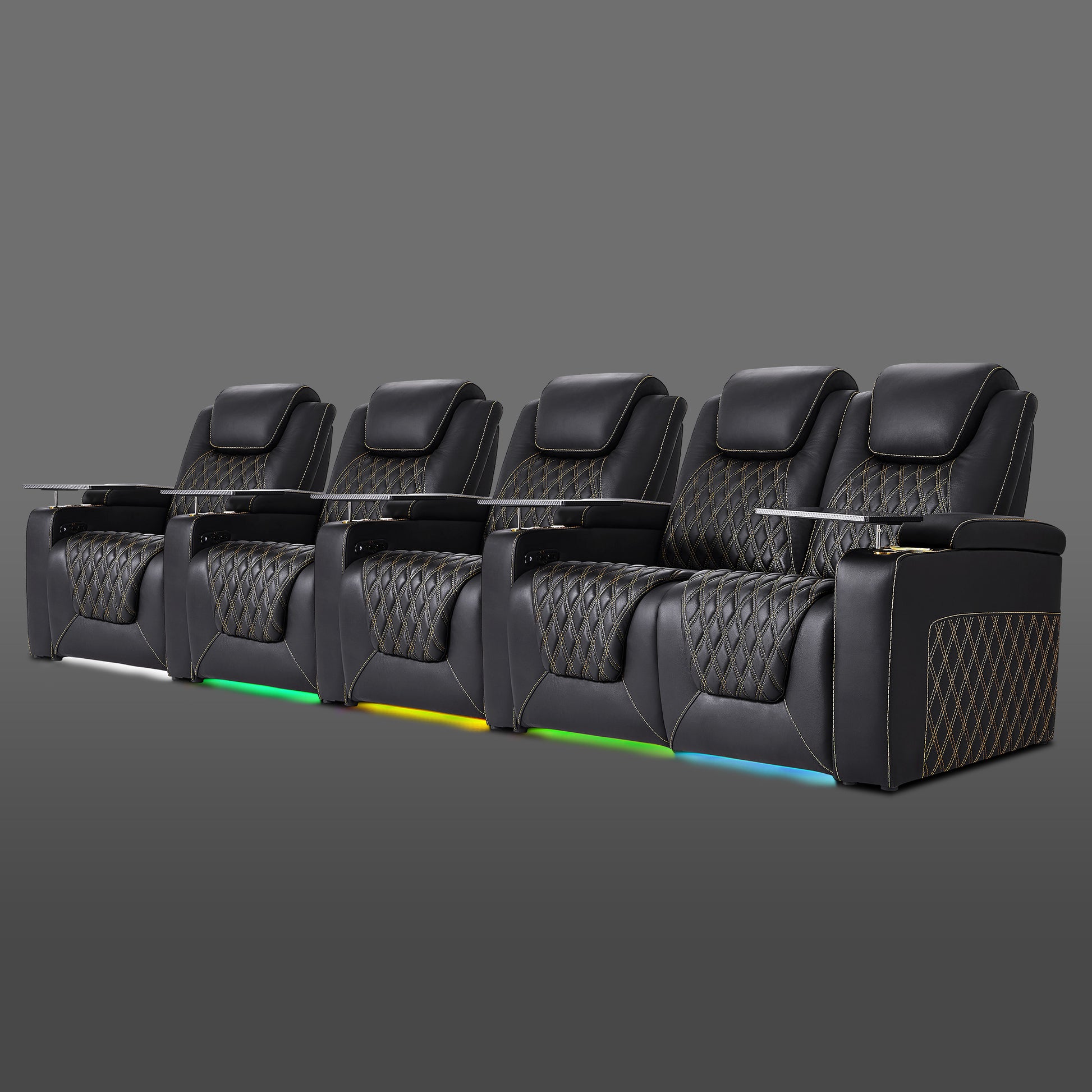 Black five chair row where the last two chairs form a connected section and the others are individual