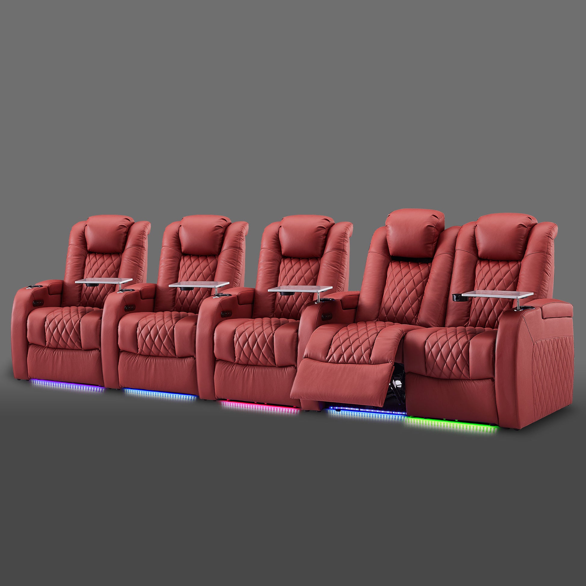 Red five chair seating with a paired section on the right and three standalone chairs