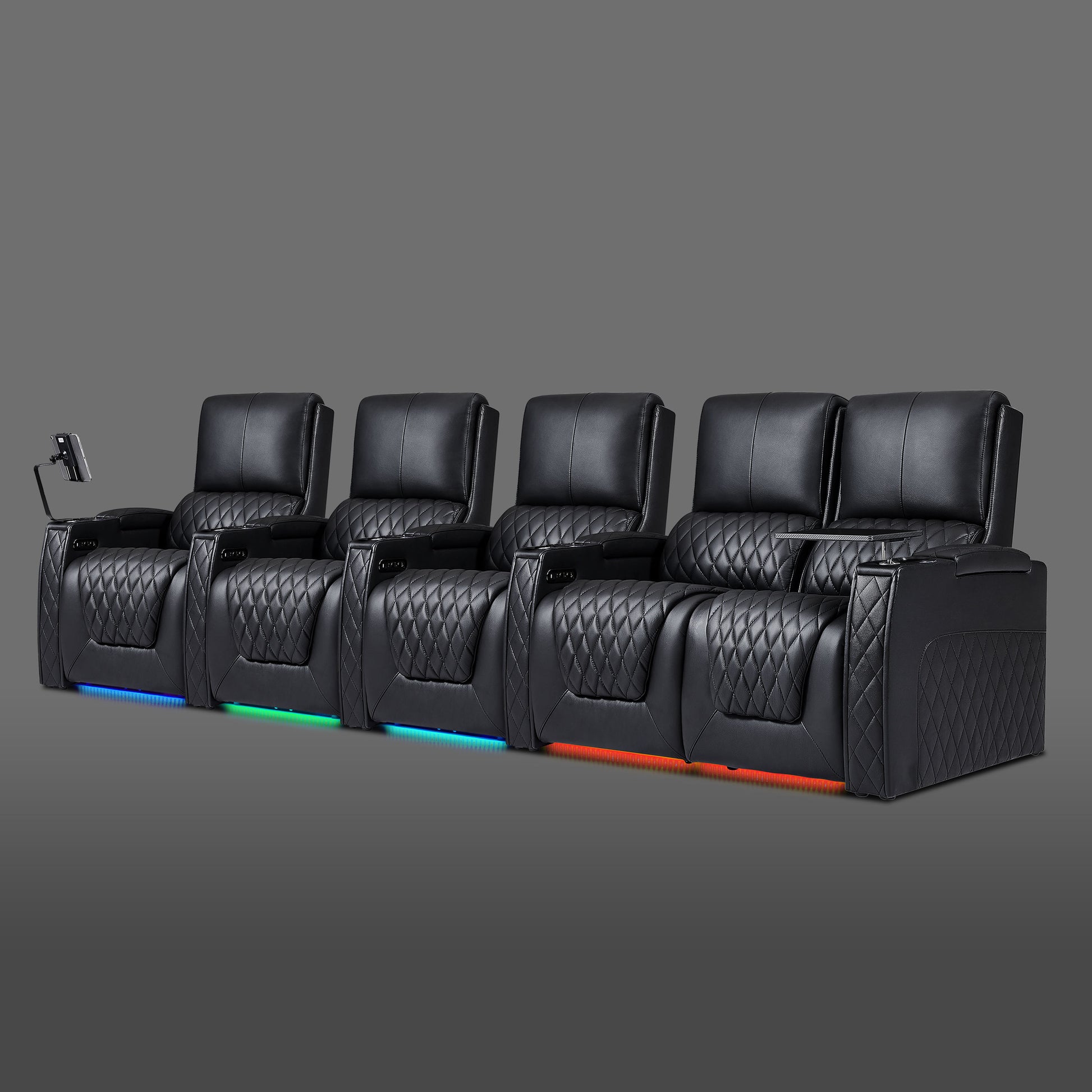 Axys series black 5-seat cinema seating arrangement featuring right-side loveseat and three separate recliners