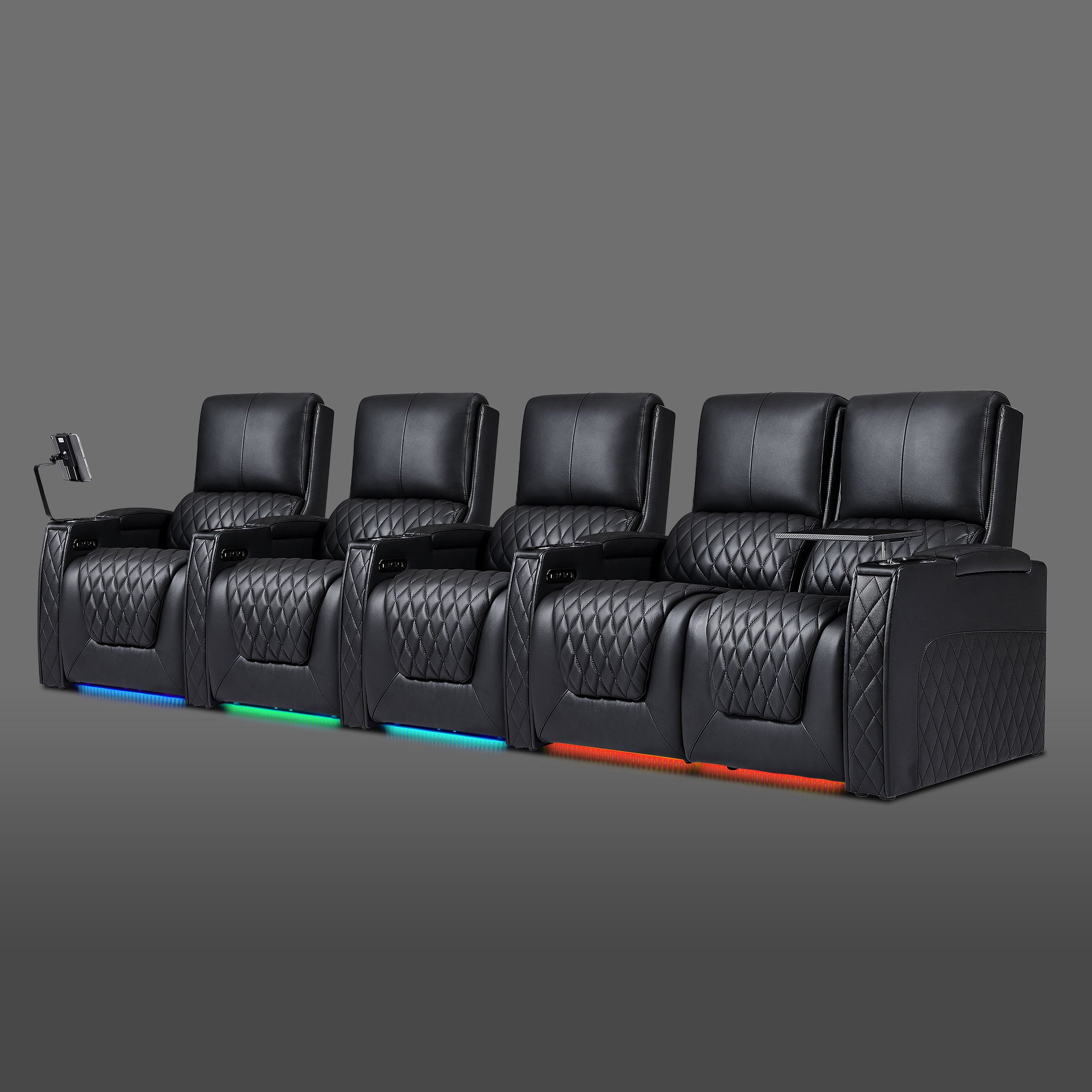 Axys series black 5-seat cinema seating arrangement featuring right-side loveseat and three separate recliners