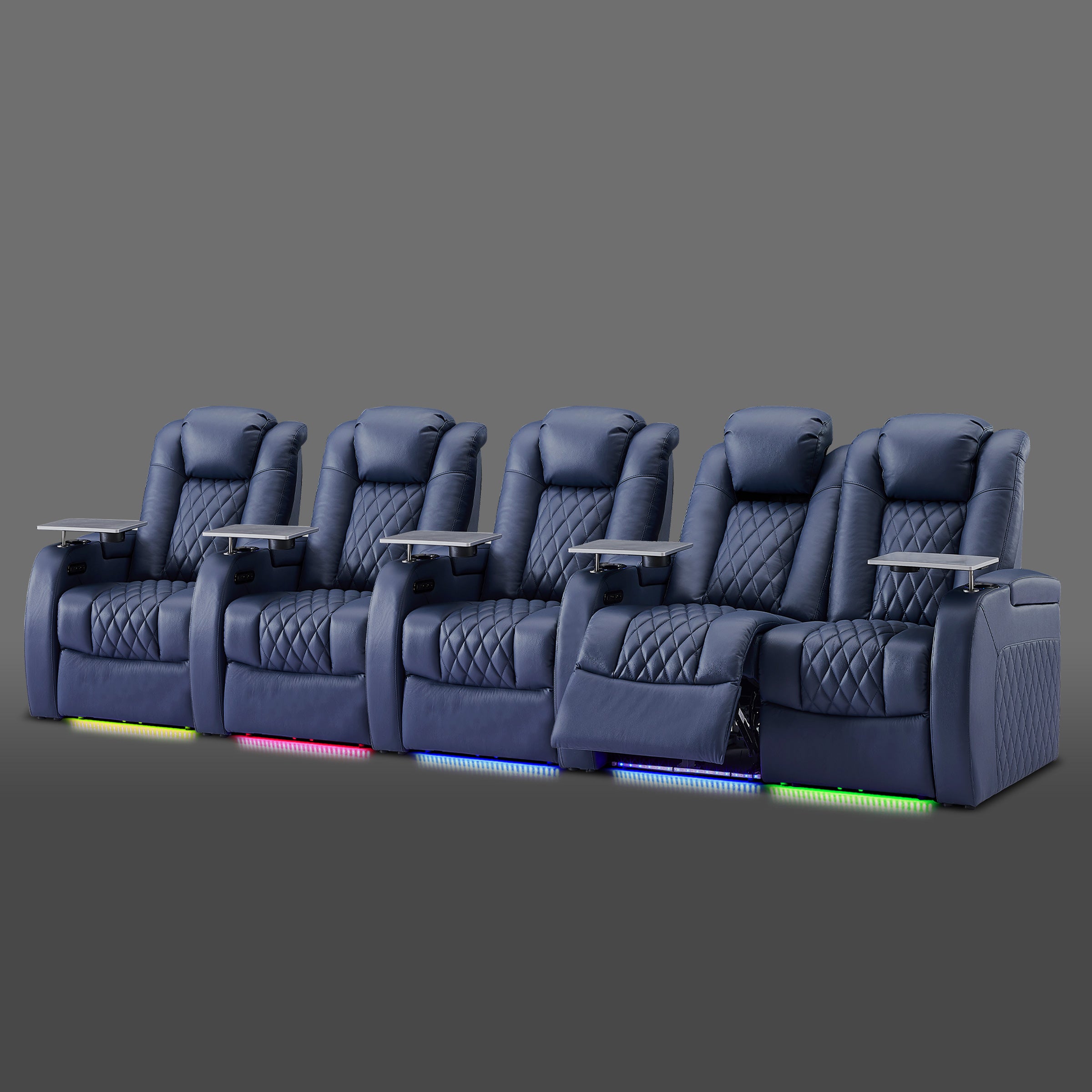 Blue five chair layout with a paired section on the right and three standalone chairs