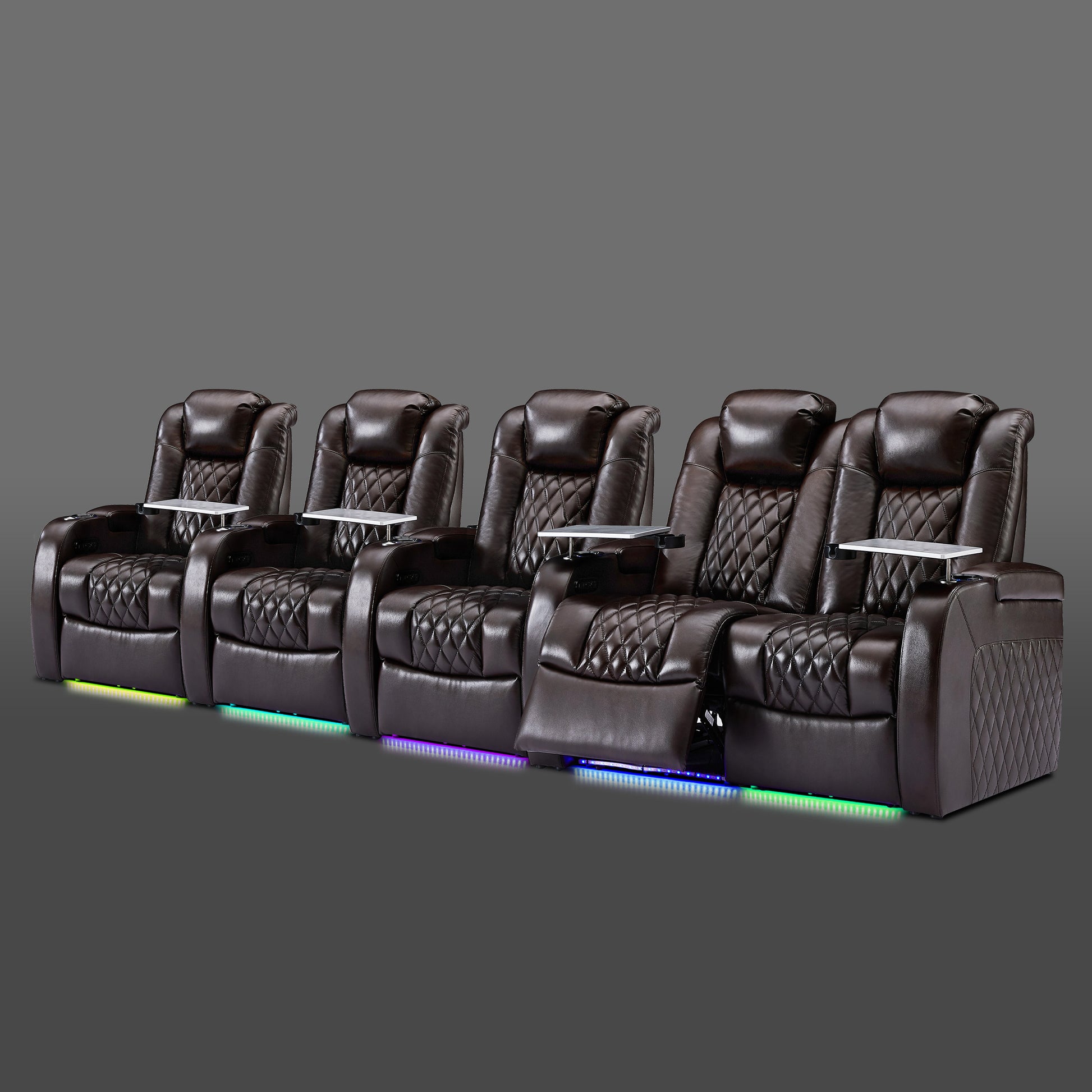 Brown five chair arrangement with a grouped pair on the right and three separate chairs