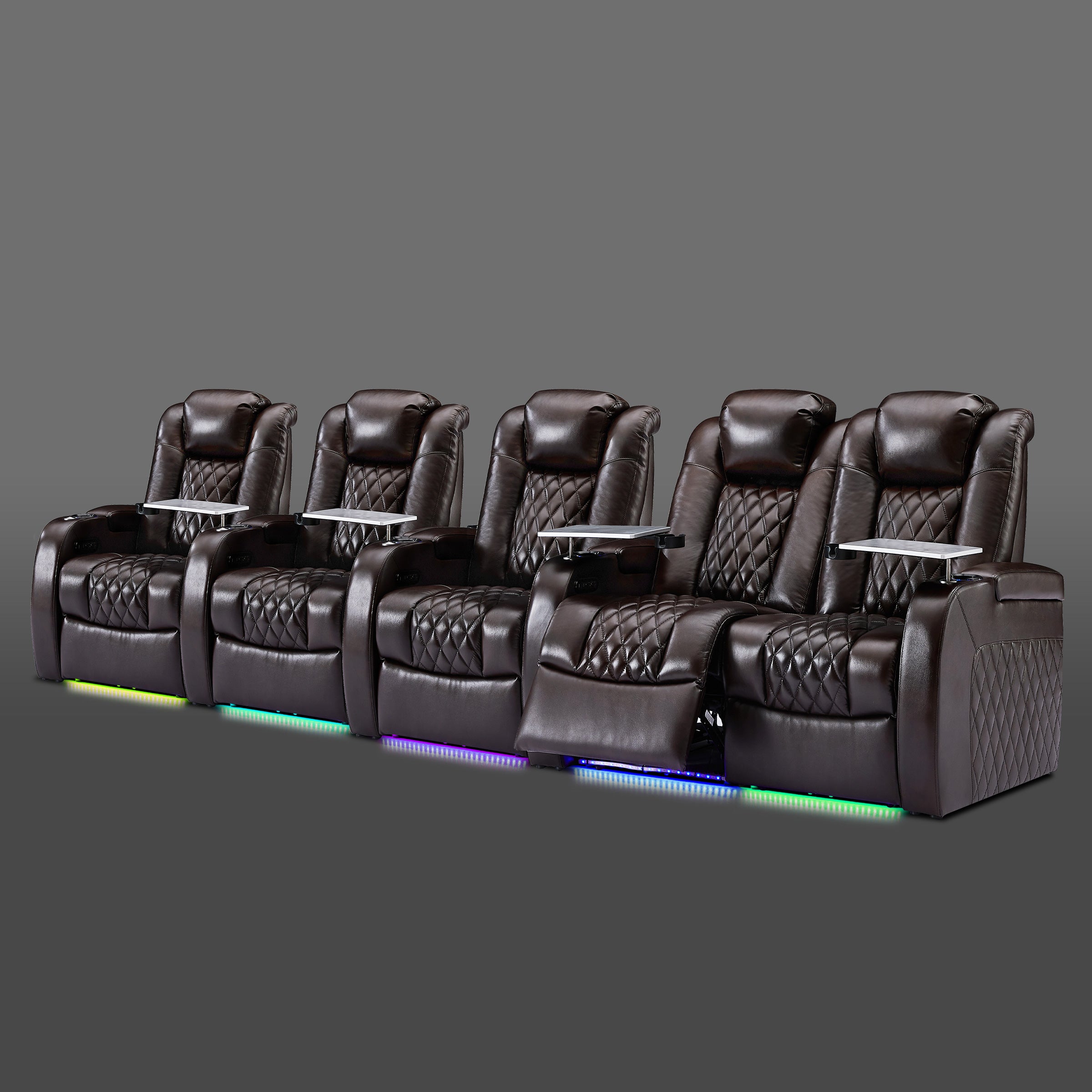 Brown five chair arrangement with a grouped pair on the right and three separate chairs