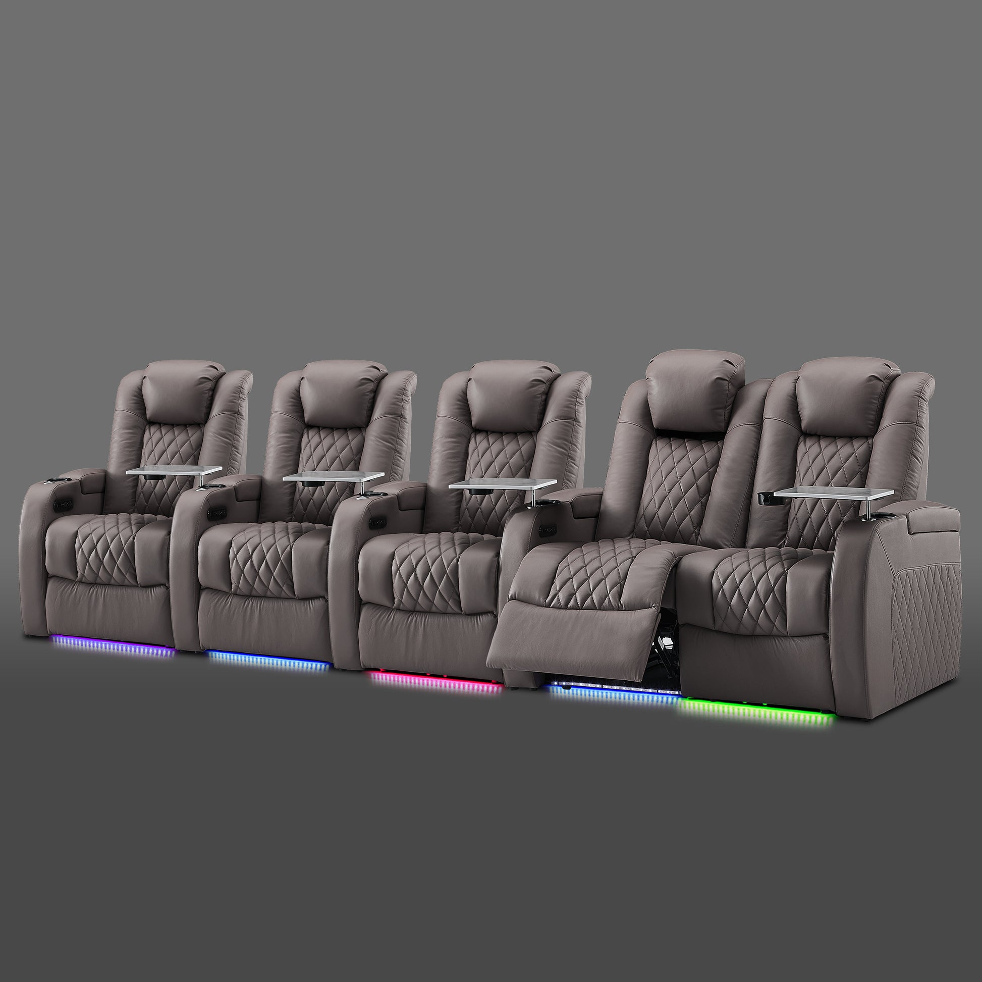 Gray five chair row with a joined pair on the right and three separate seats