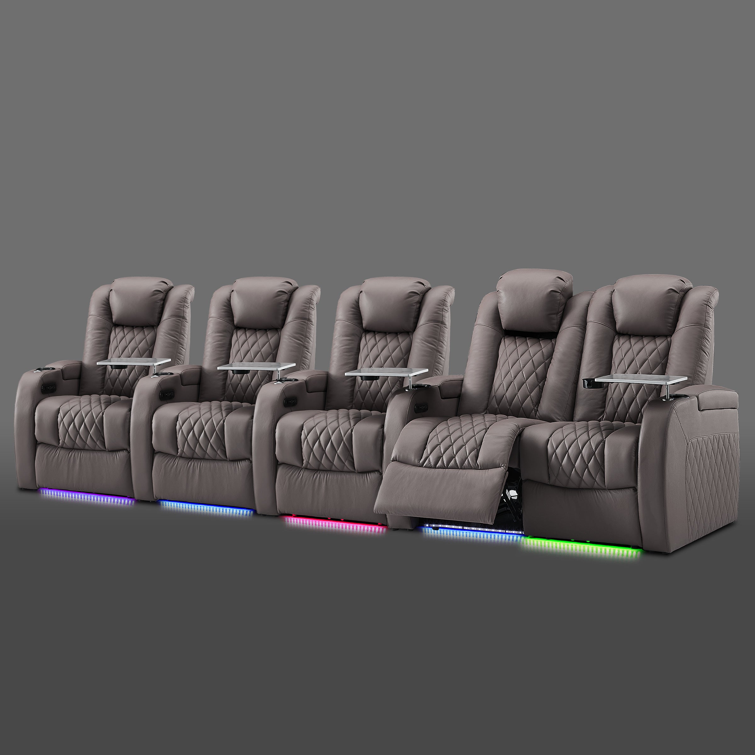 Gray five chair row with a joined pair on the right and three separate seats