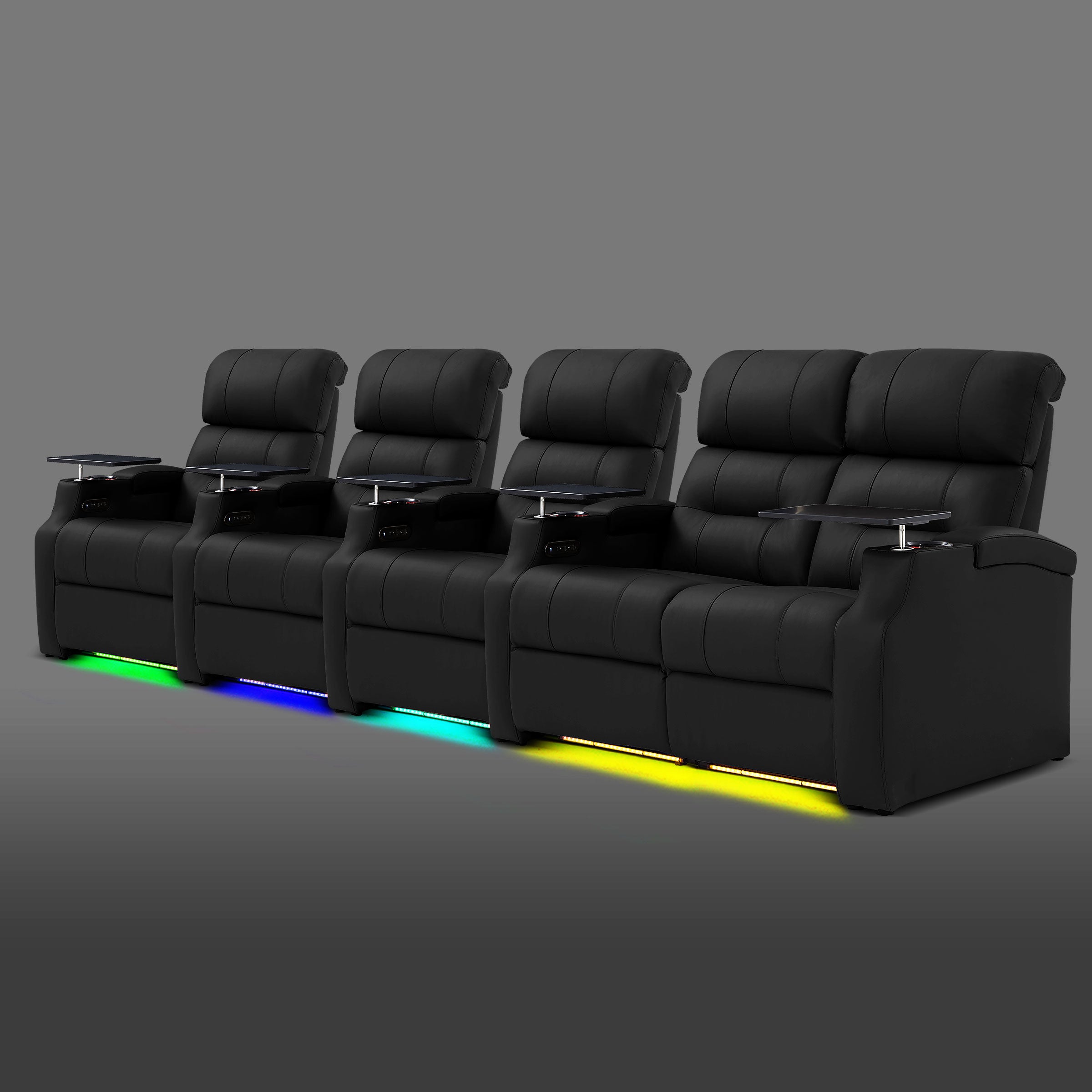 Edgex Series black five-seat home cinema seating featuring three individual recliners and a two-seat block on the right