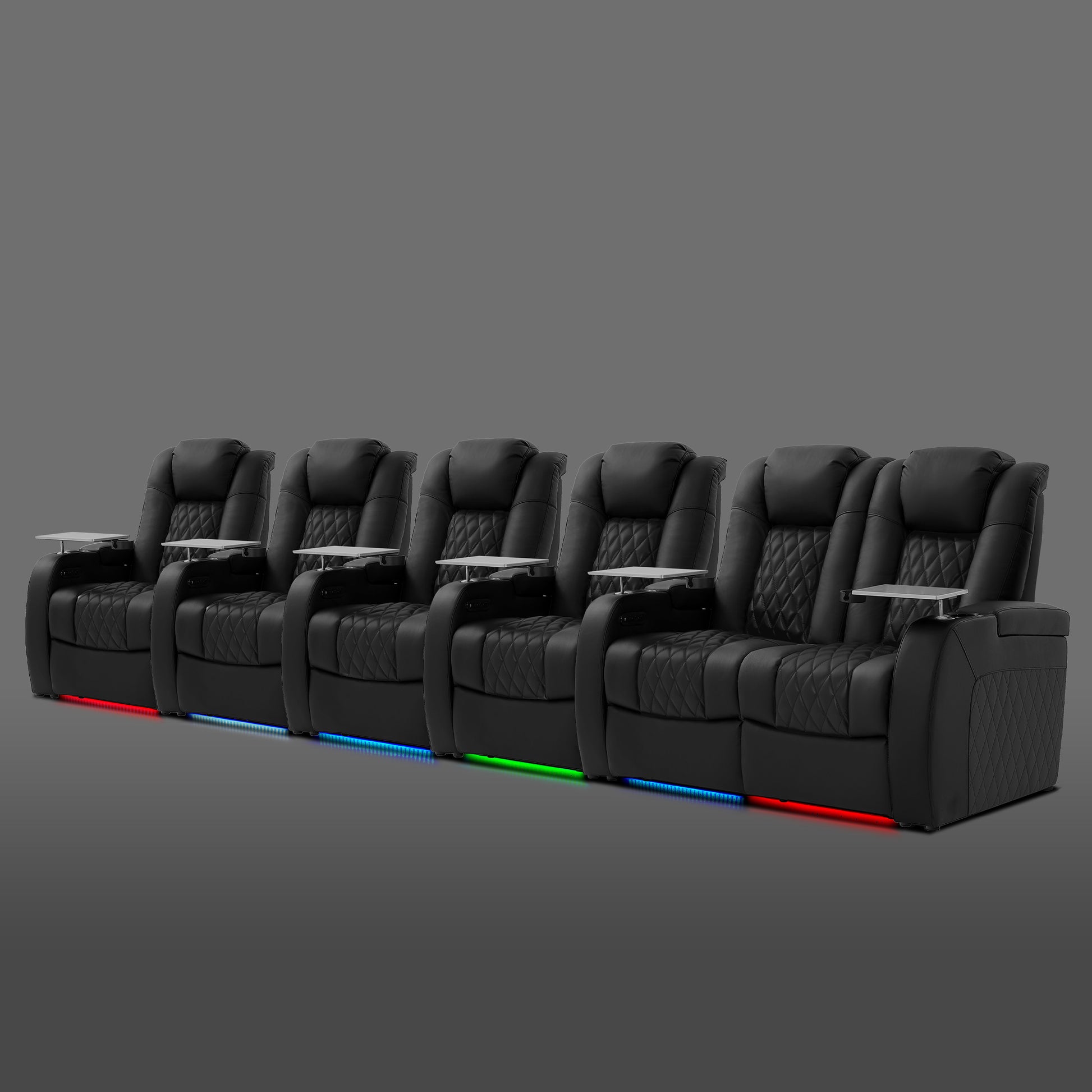 Black six chair row with a connected section on the right side