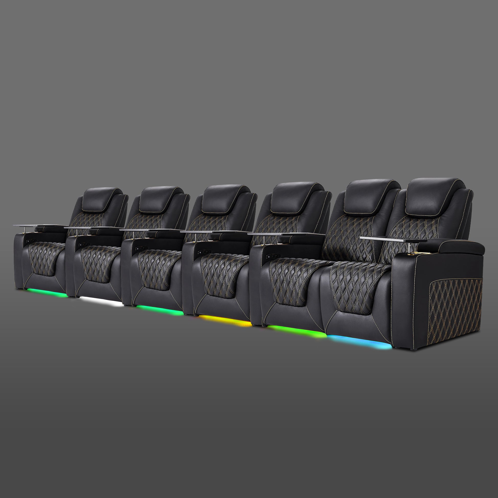 Black 6 seater reclining theater sofa with right pair connected and remaining seats individual