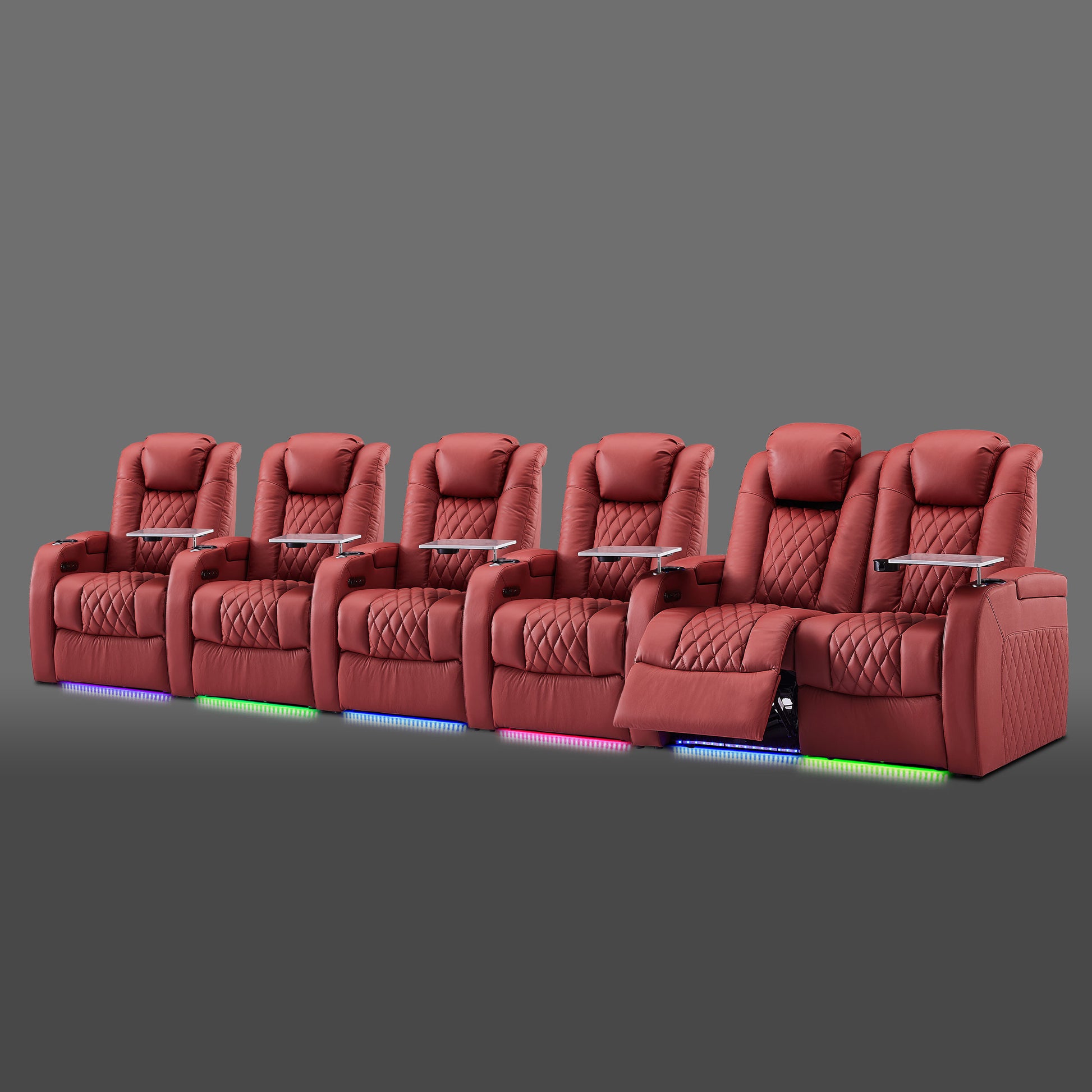 Red six chair seating with a paired section positioned on the right