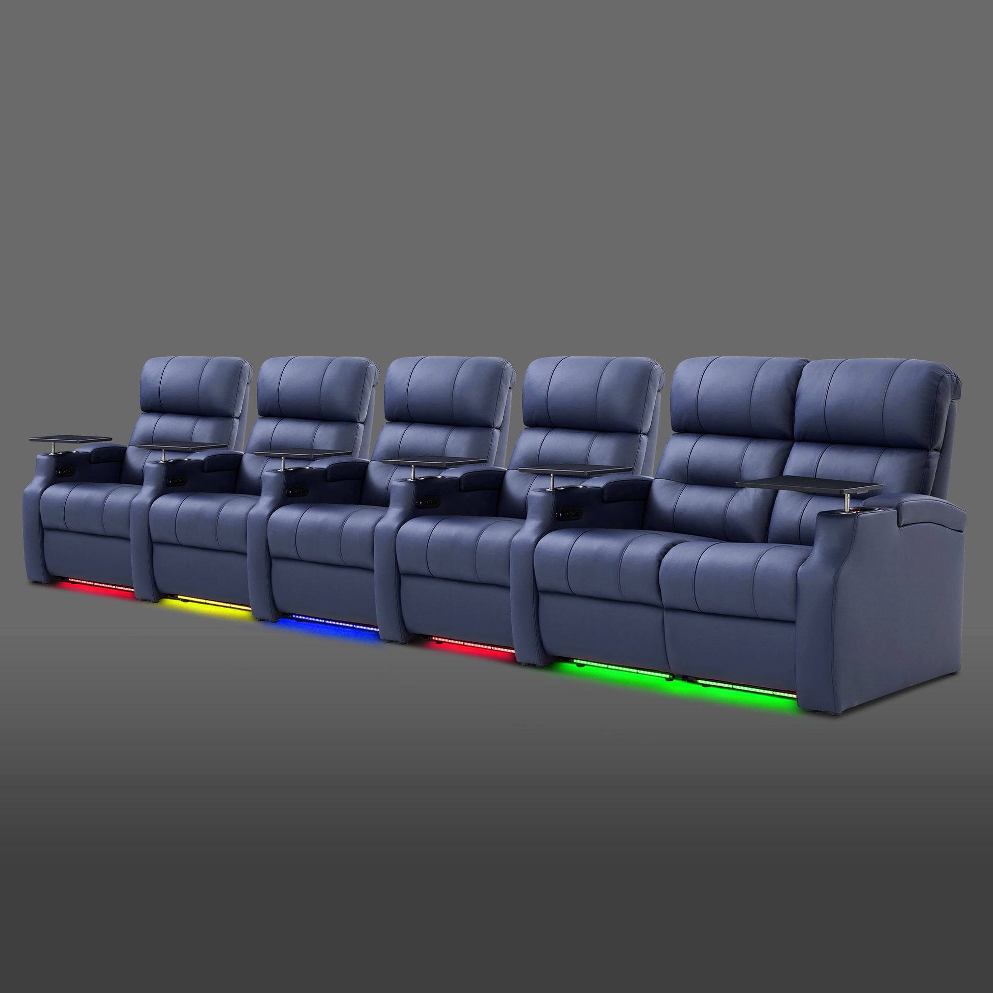 Blue six seat theater seating layout with a right side two seat combination