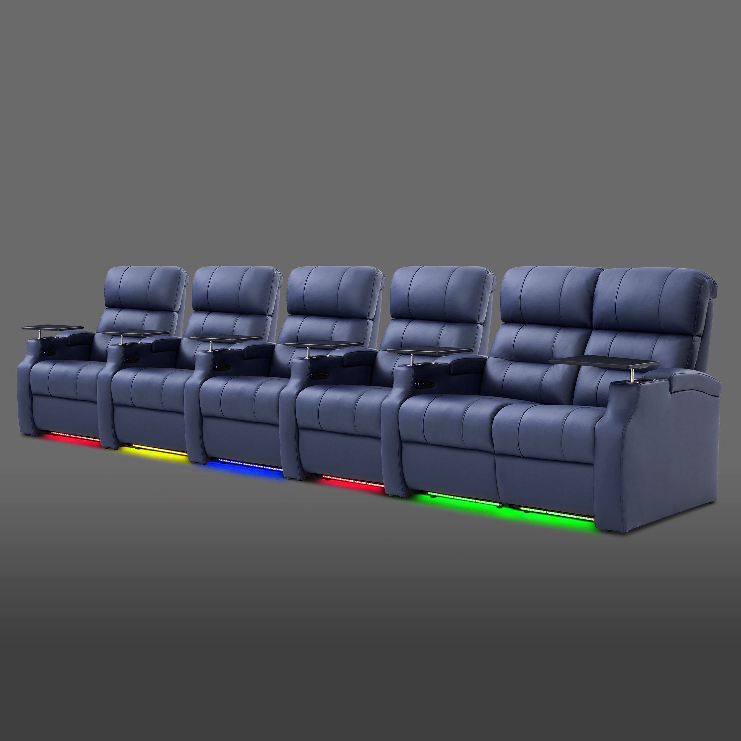 Blue six seat theater seating layout with a right side two seat combination