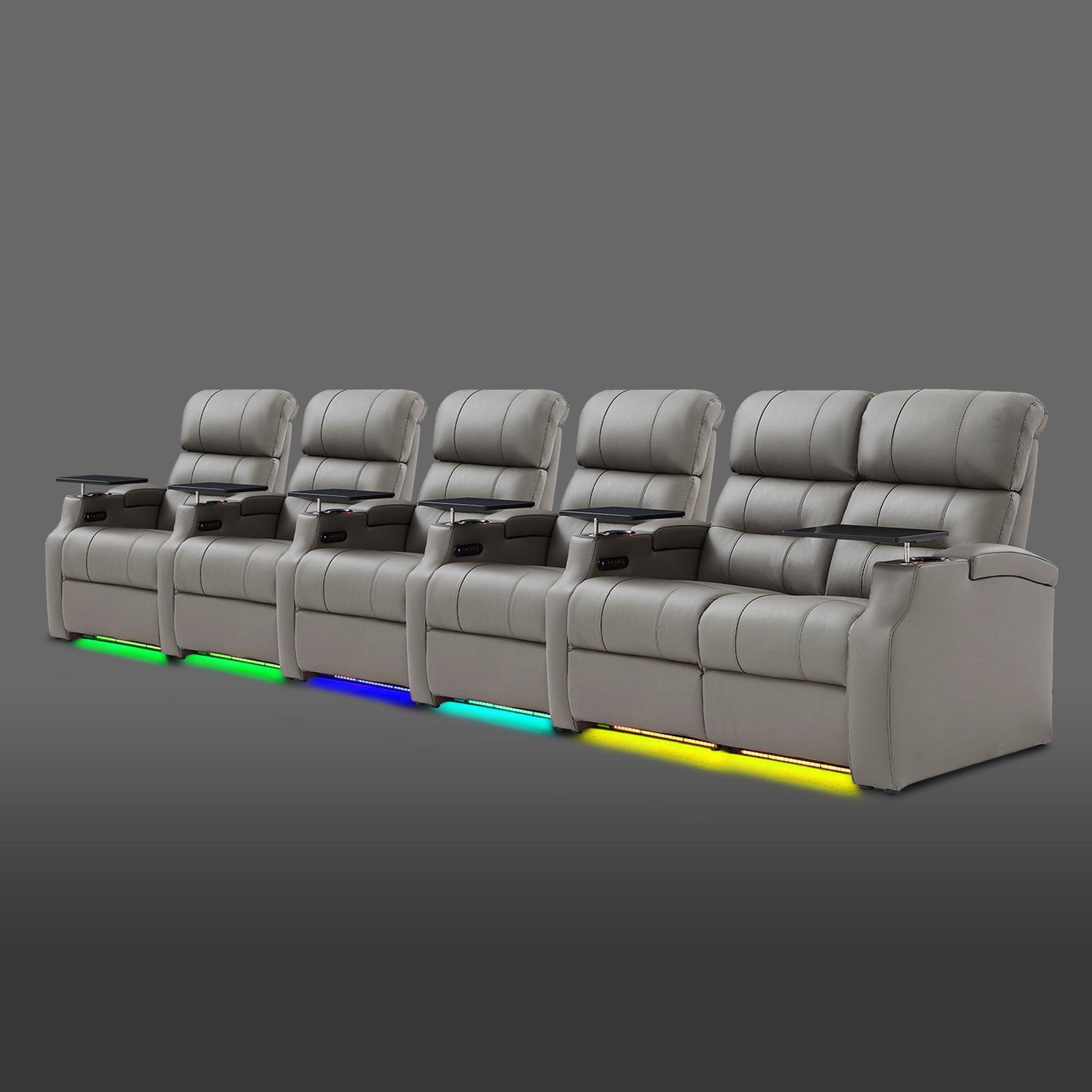 Gray six person reclining theater seating featuring a two seat unit on the right side