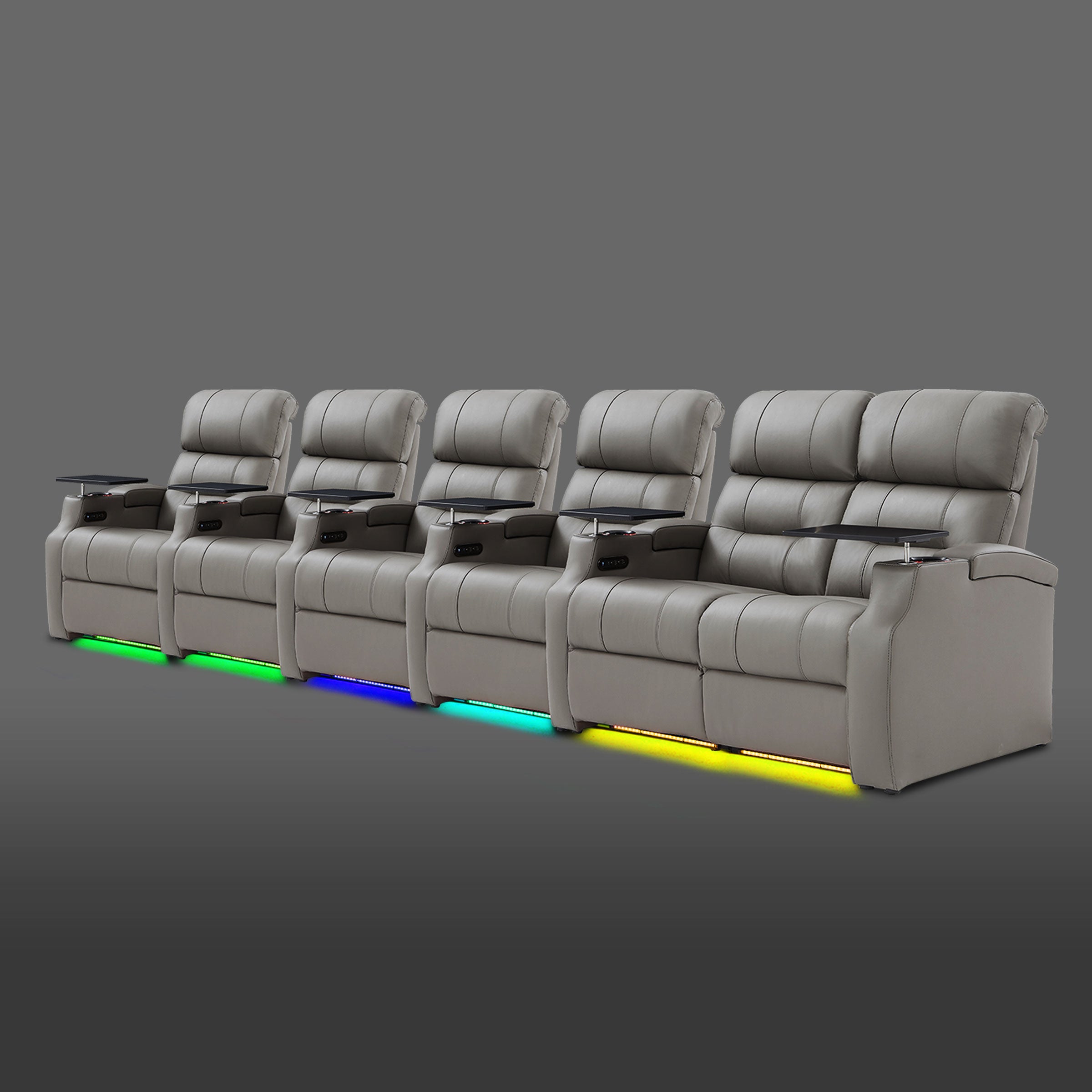 Gray six person reclining theater seating featuring a two seat unit on the right side