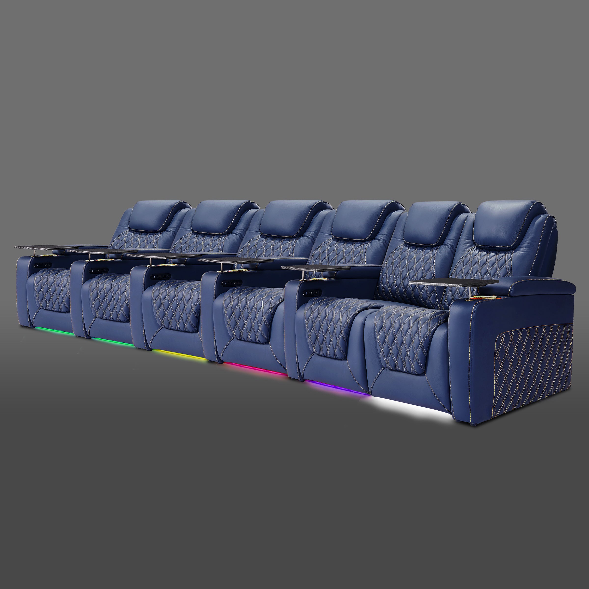 Blue six person reclining theater set with right side seats attached and individual chairs on the left
