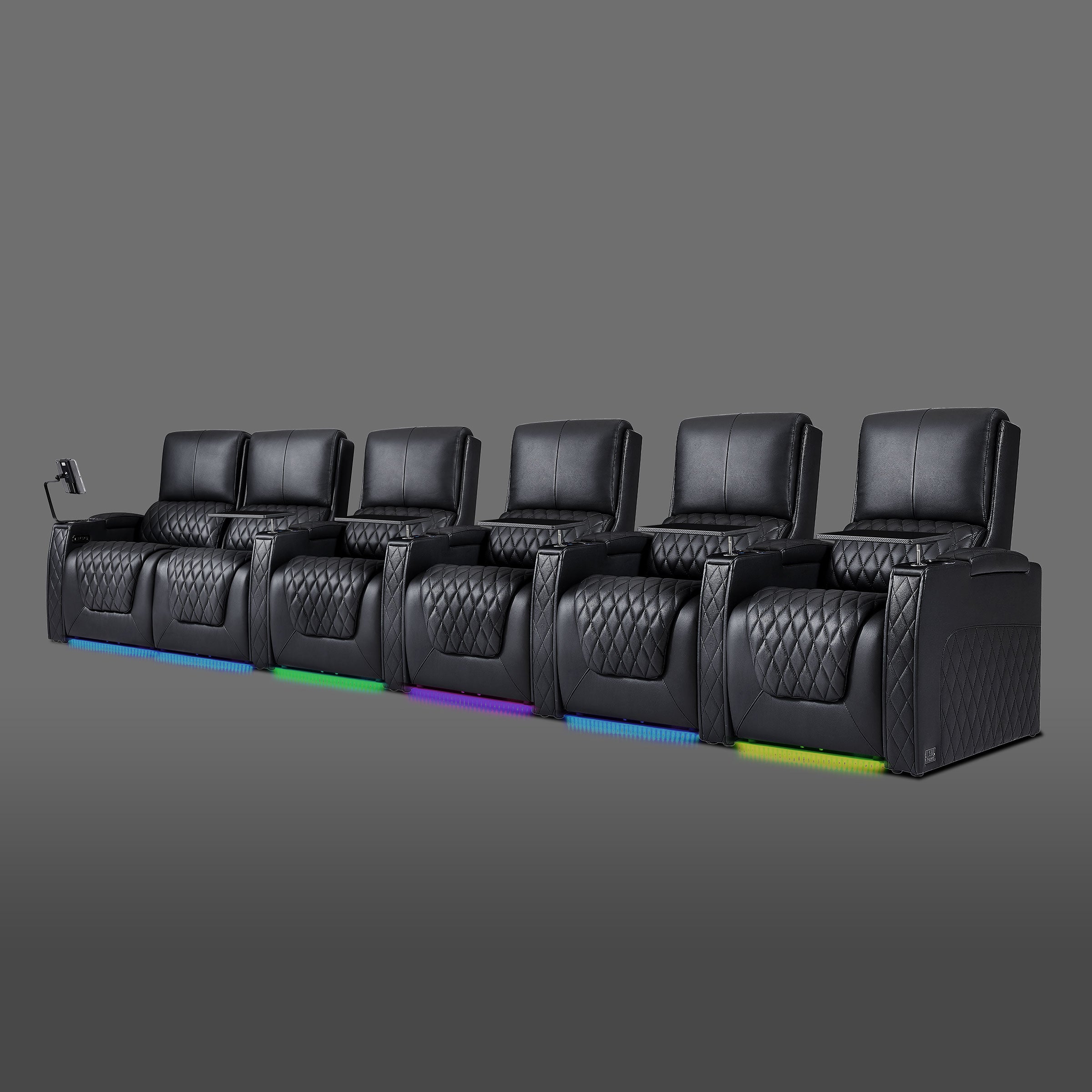 Black six seat reclining cinema set with dual seats grouped on the right side
