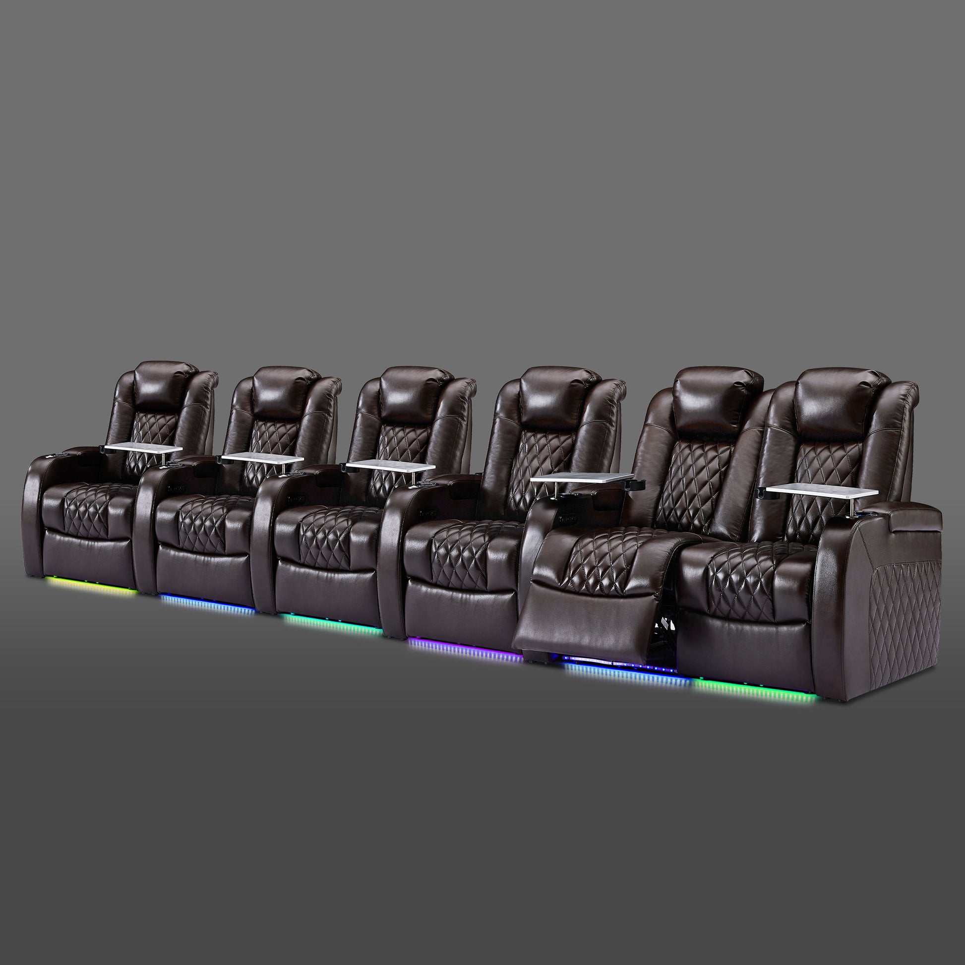 Brown six chair seating showing a joined pair at the right end