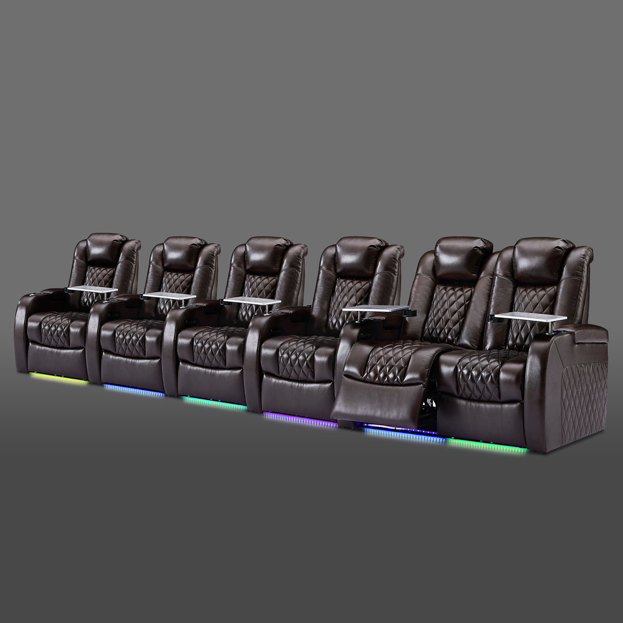 Brown six chair seating showing a joined pair at the right end