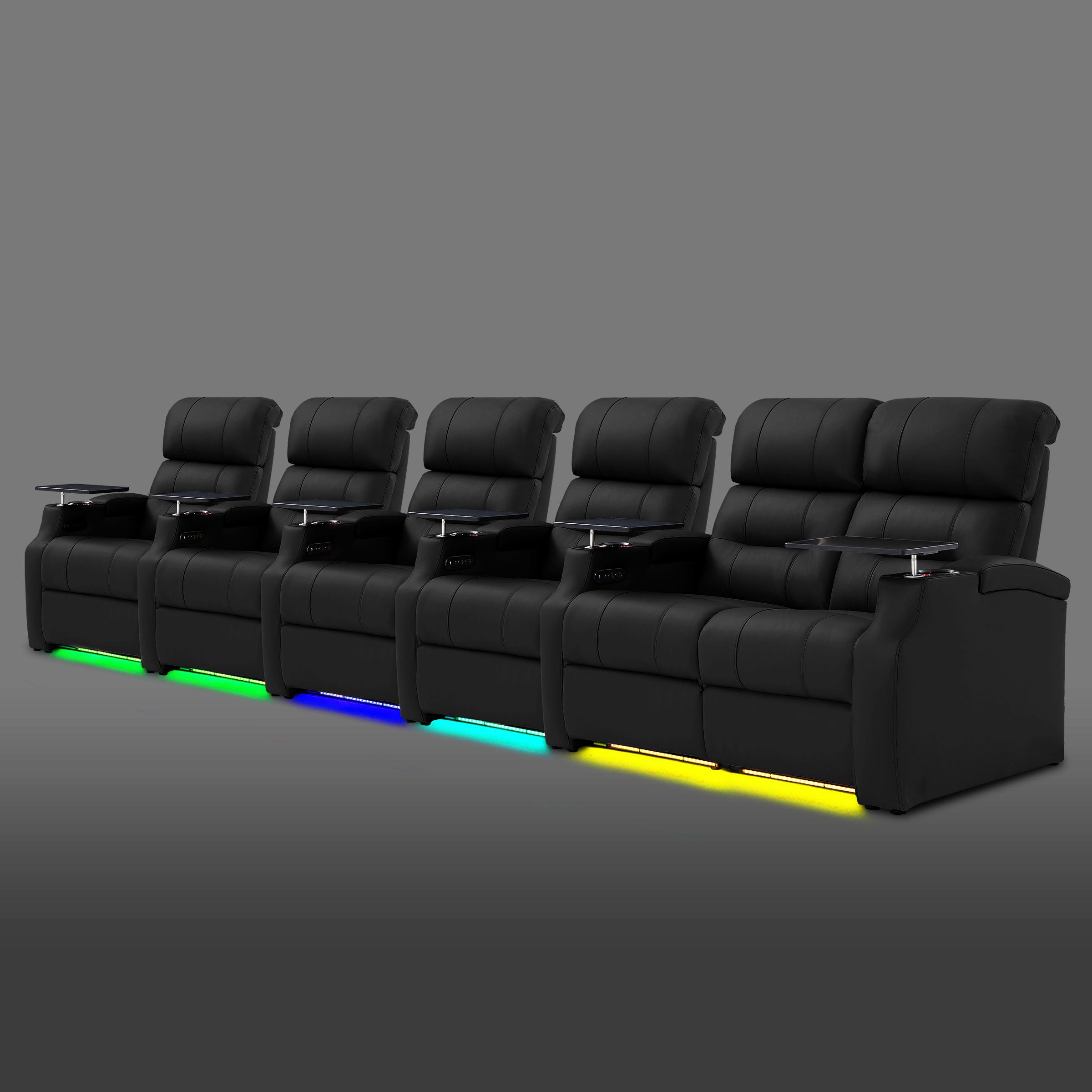 Black six person reclining theater sofa with two connected seats on the right side