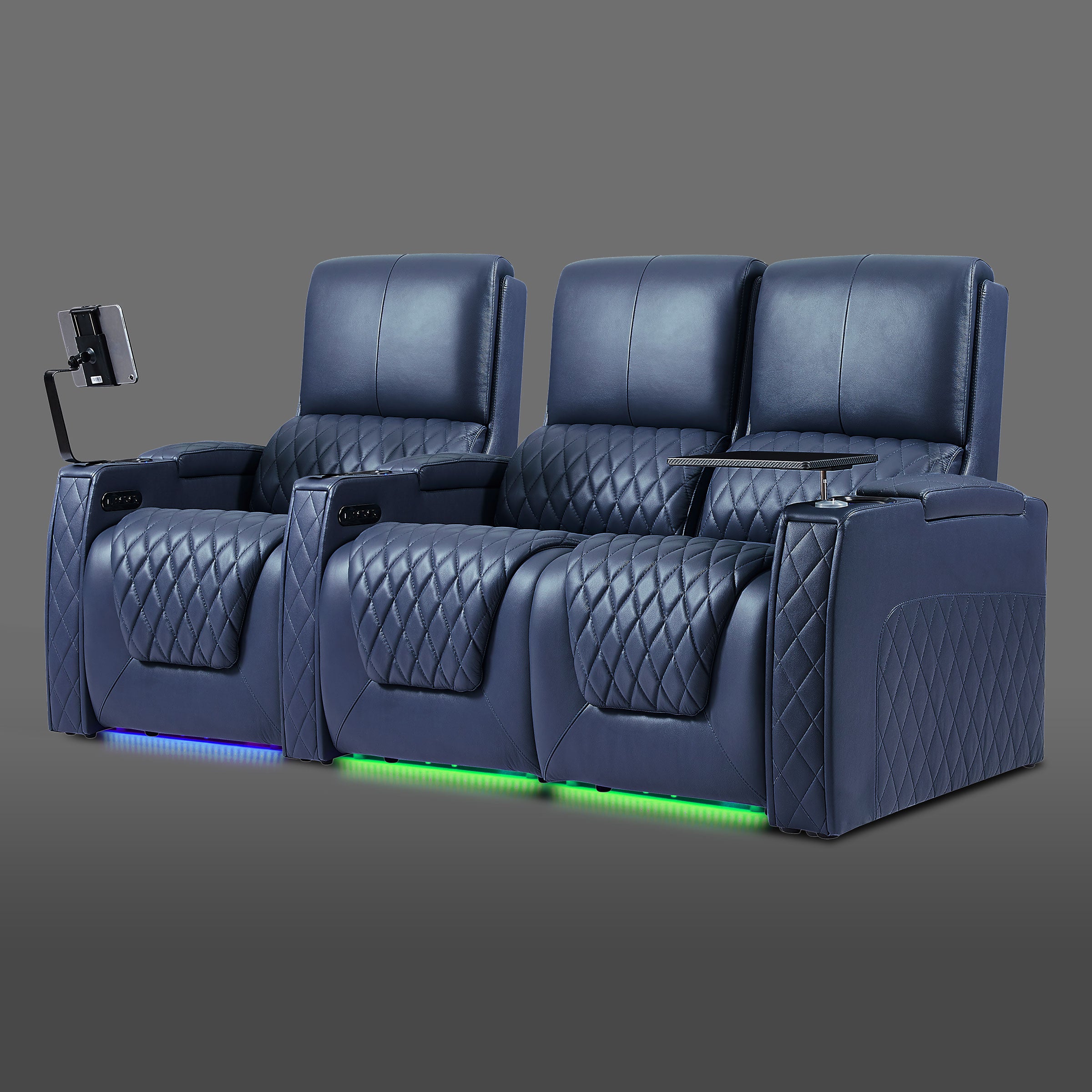 Axys series blue three-person cinema seating with a single chair on the left and paired reclining seats on the right