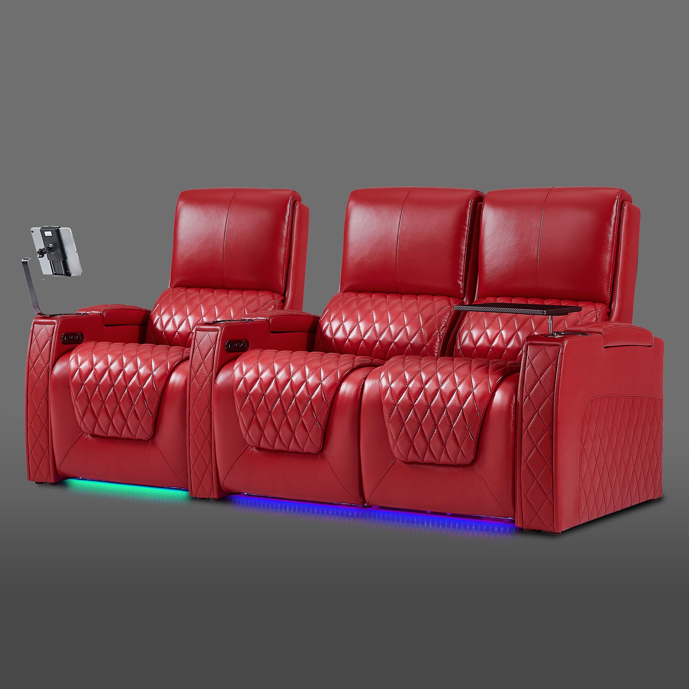 Axys series red three-seat cinema recliner featuring one chair on the left and a connected two-seat recliner on the right