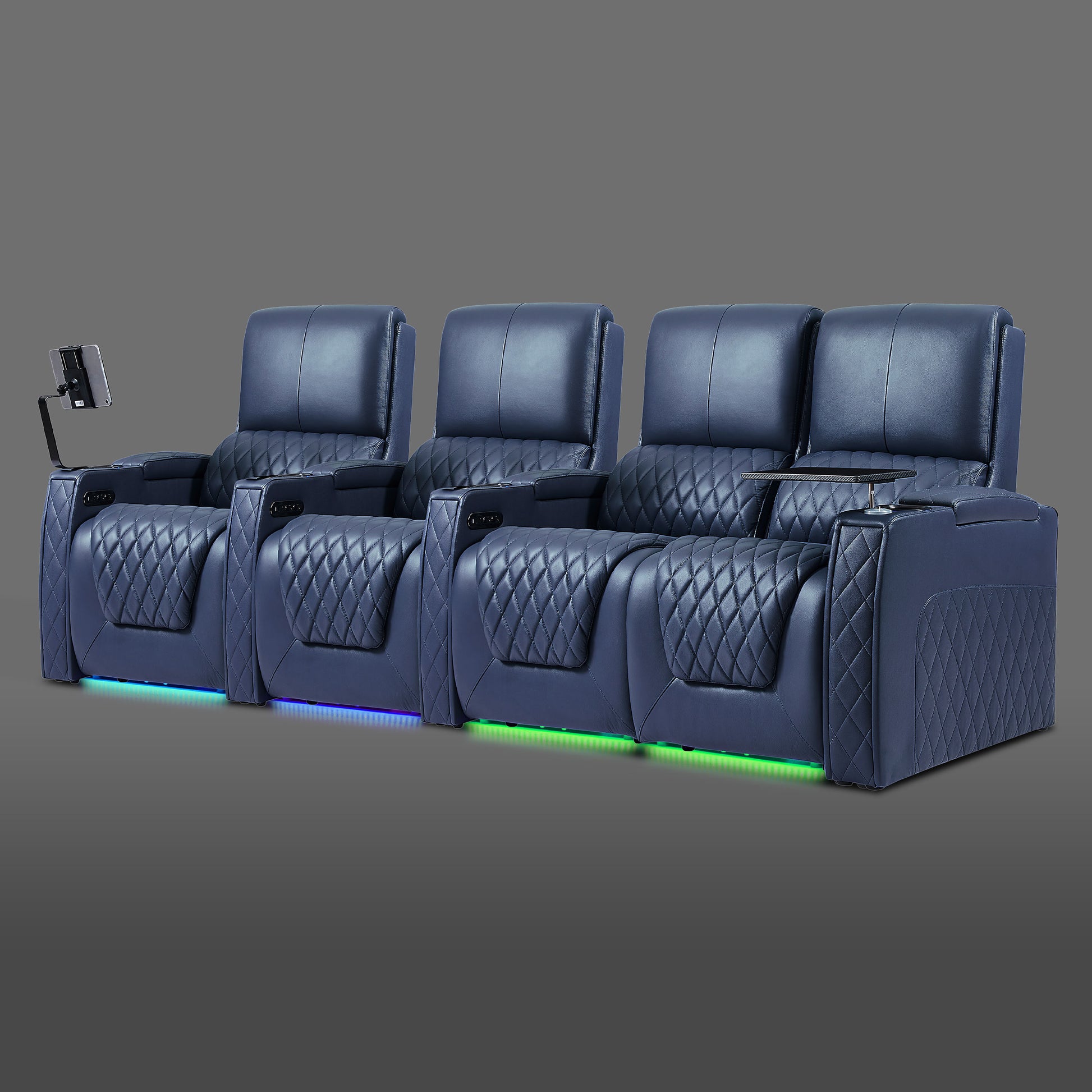 Axys series blue four-seat media room recliner set with a two-seat section on the right and two standalone seats on the left