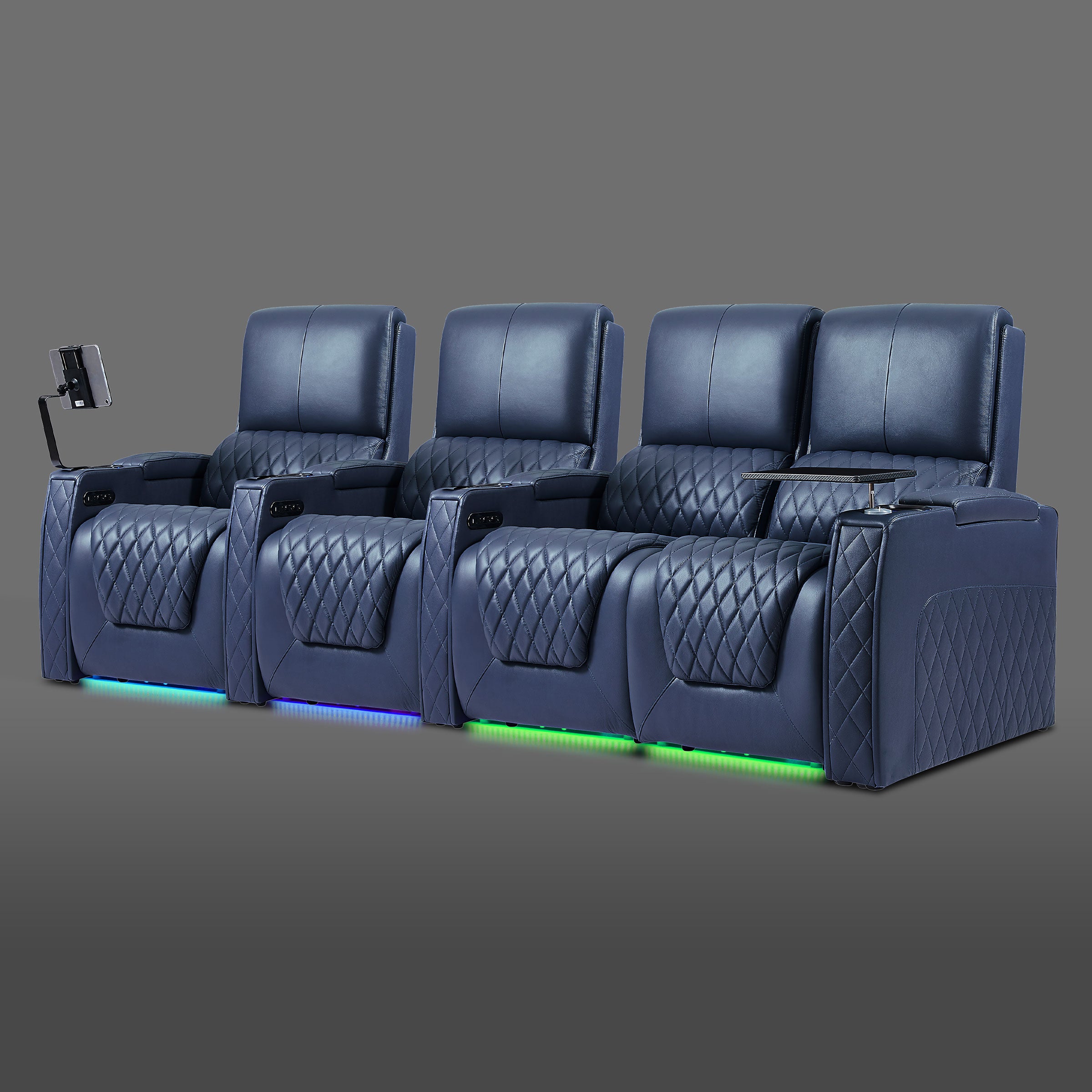 Axys series blue four-seat media room recliner set with a two-seat section on the right and two standalone seats on the left