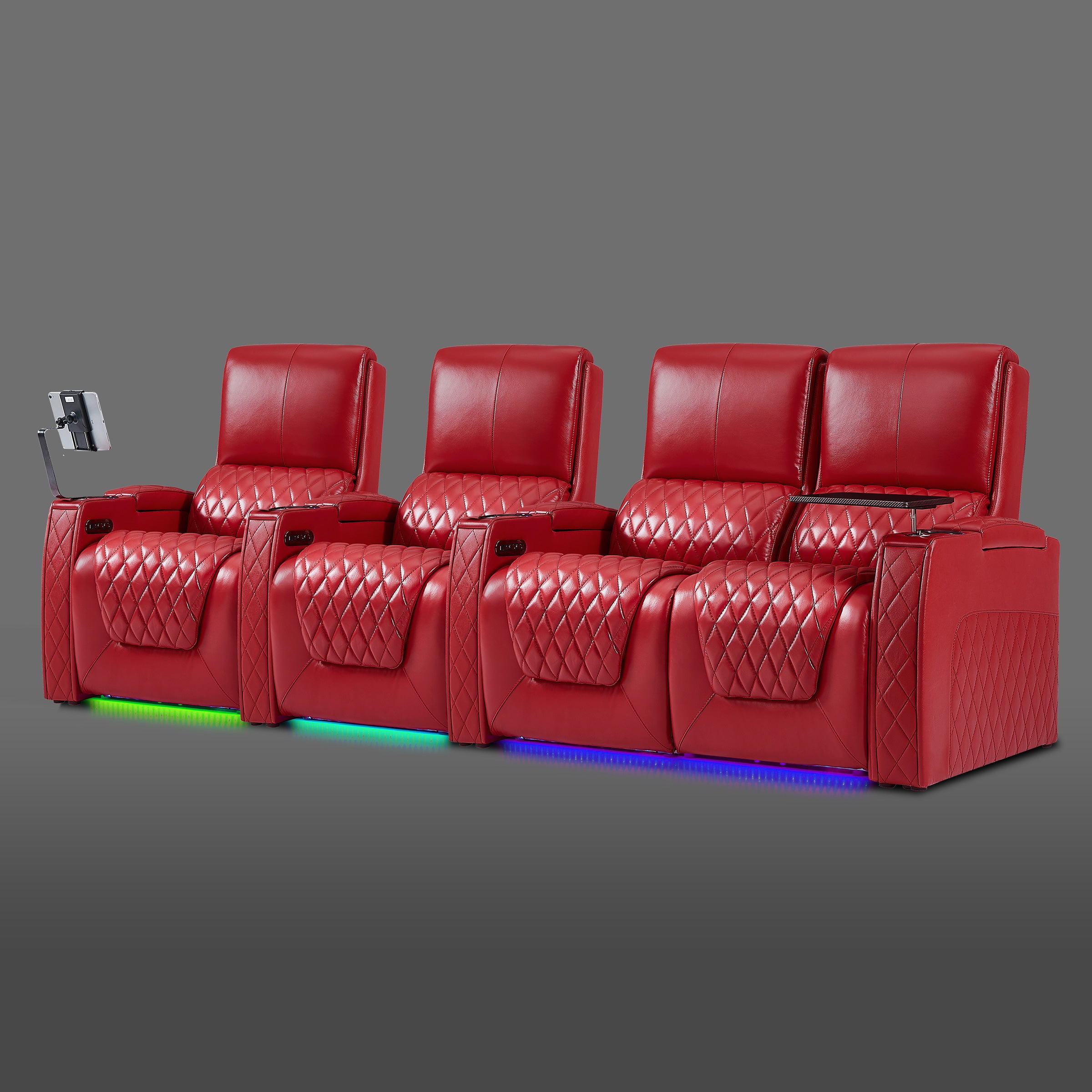 Axys series red four-seat media room seating with two individual recliners on the left and a joined dual recliner on the right