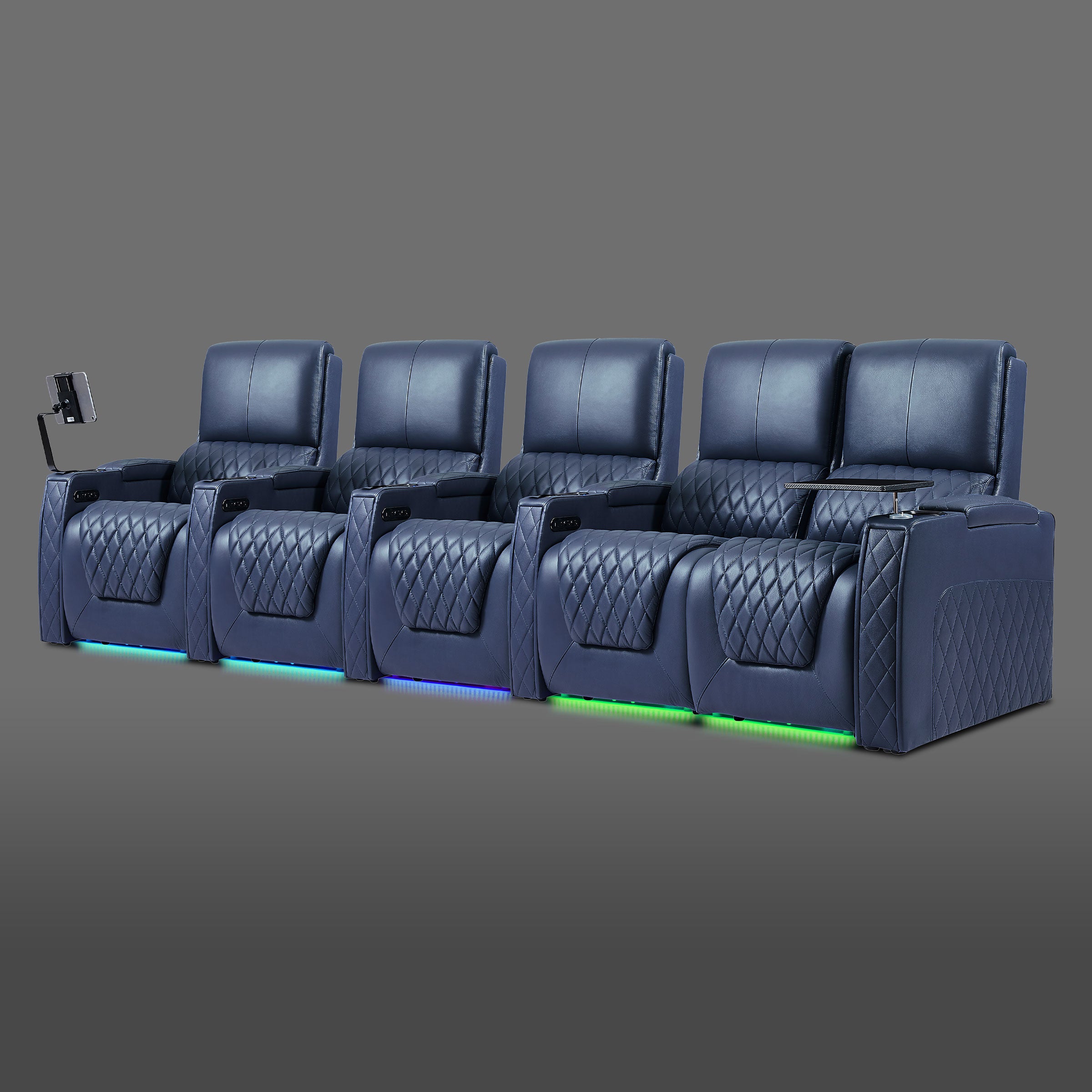 Axys series blue five-seat home theater seating with a right-side two-seat module and three individual recliners