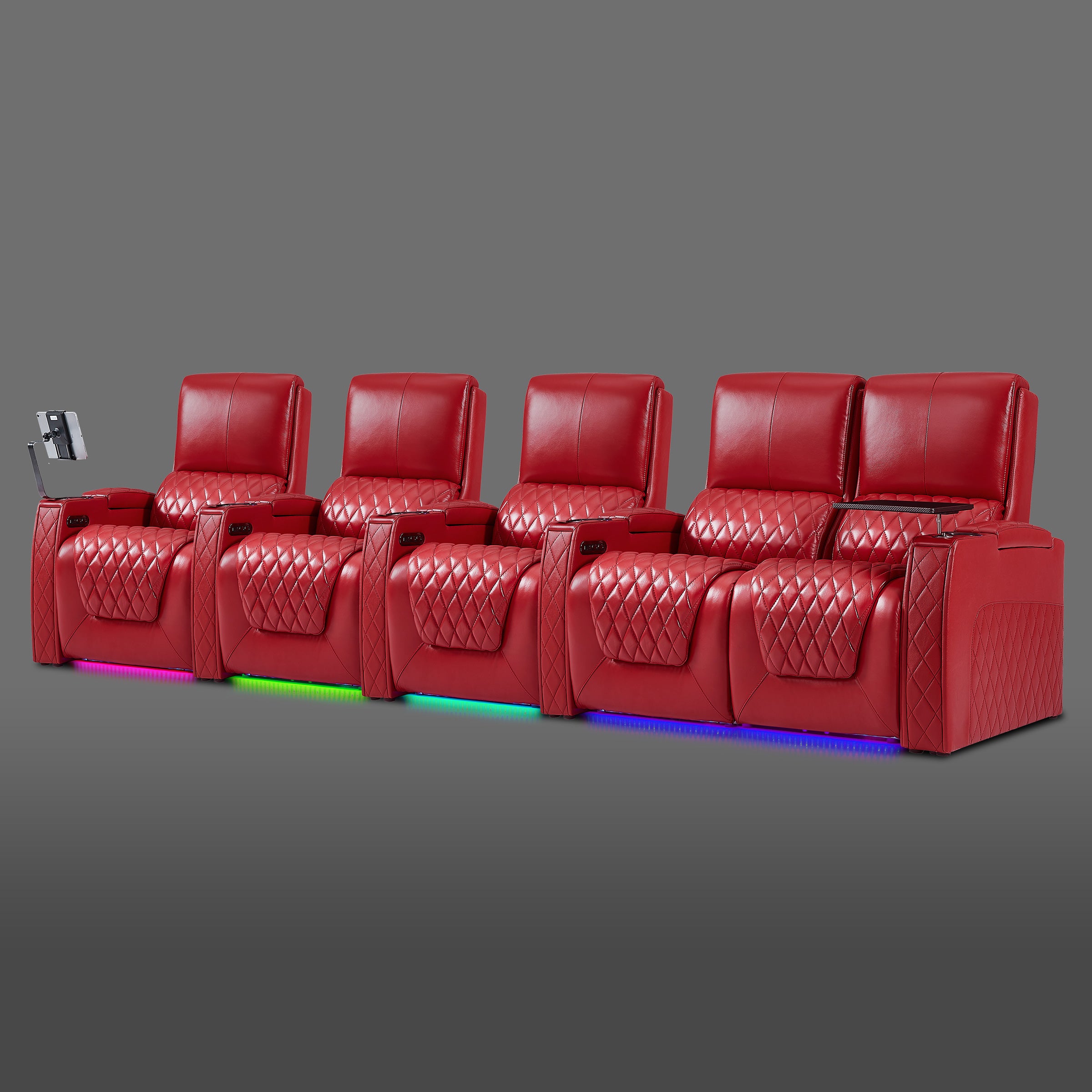 Axys series red five-seat theater recliner set with a right-side connected double seat and three individual recliners