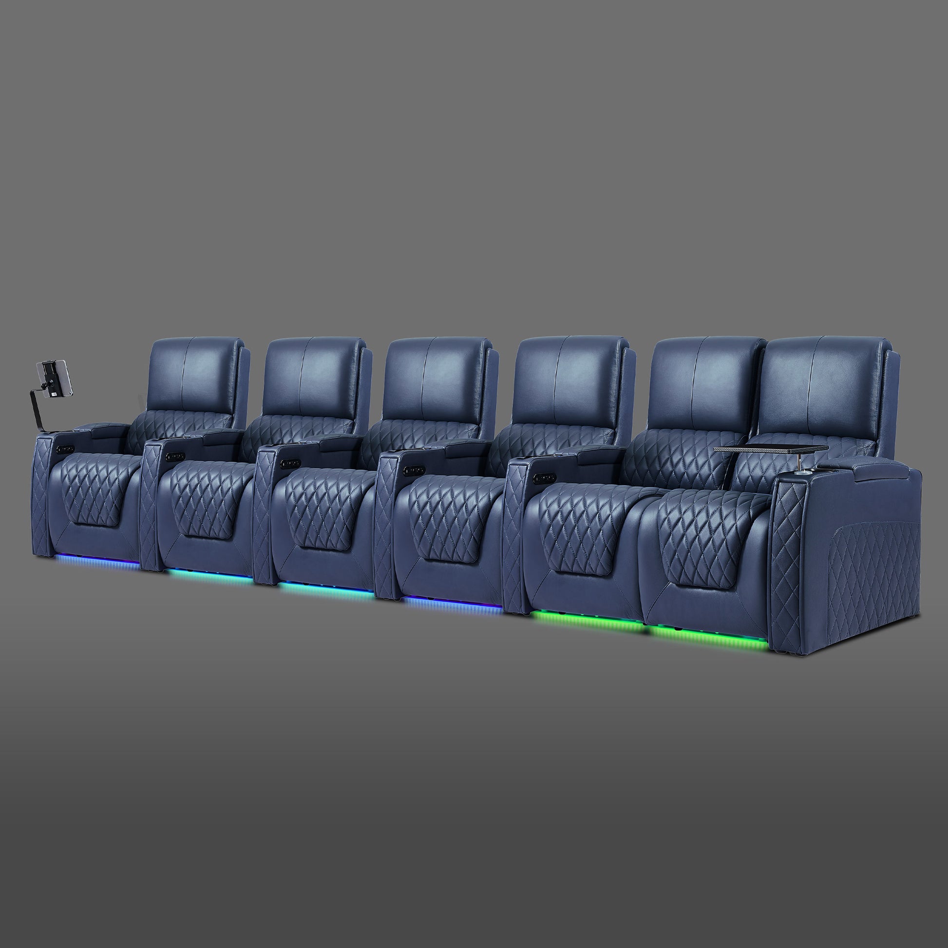 Blue six person reclining theater configuration with a right side paired seating module