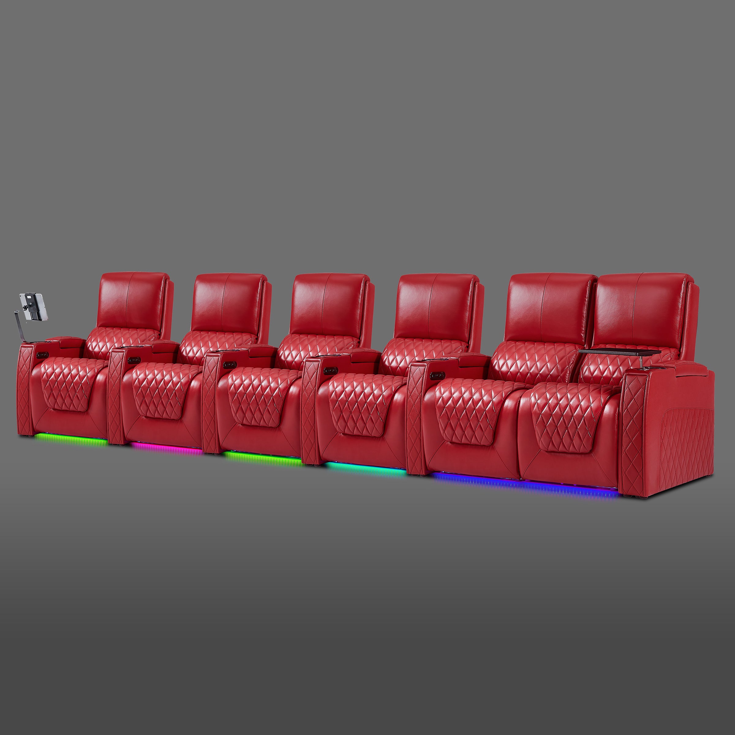 Red six seat luxury theater chairs with two recliners joined on the right side